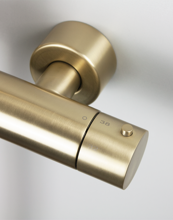 Detail of thermostatic shower column with sliding rail stainless steel inox 316L, rotating diverter, hand shower with l. 160cm flexible tube and inspectionable shower head Ø20cm, finish 141 - PVD High Brass