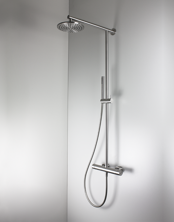 Thermostatic shower column with sliding rail stainless steel inox 316L, rotating diverter, hand shower with l. 160cm flexible tube and inspectionable shower head Ø20cm, finish 022 - brushed