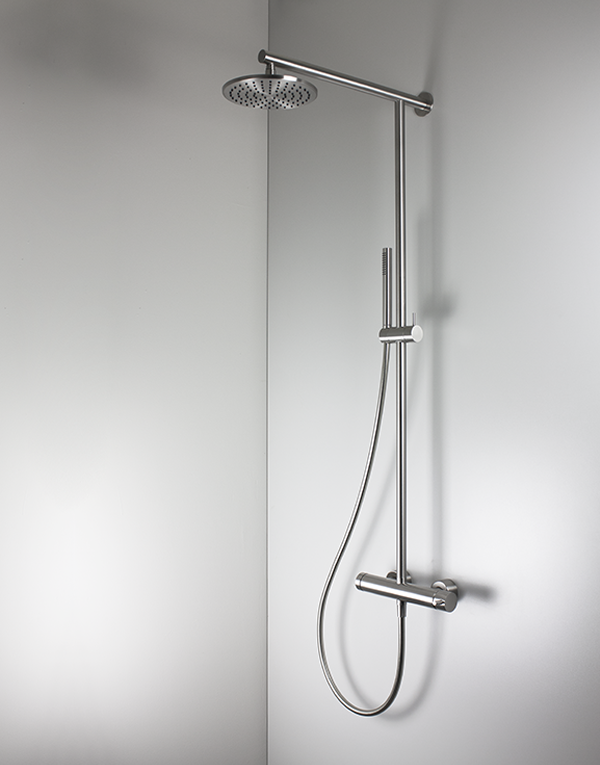 Shower column with sliding rail stainless steel inox 316L, pulling diverter with automatic return, hand shower with l. 160cm flexible tube and inspectionable shower head Ø20cm, finish 022 - brushed