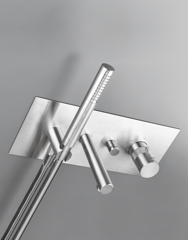 Built-in thermostatic bathtub mixer Ø45mm stainless steel inox 316L, spout l. 16cm, finish 022 - brushed