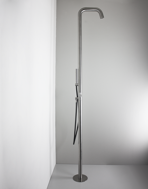 Freestanding shower column Ø50mm stainless steel inox 316L w/ progressive mixer and 2-way rotating diverter, full inox hand shower with l. 160cm flexible tube, finish 022 - brushed