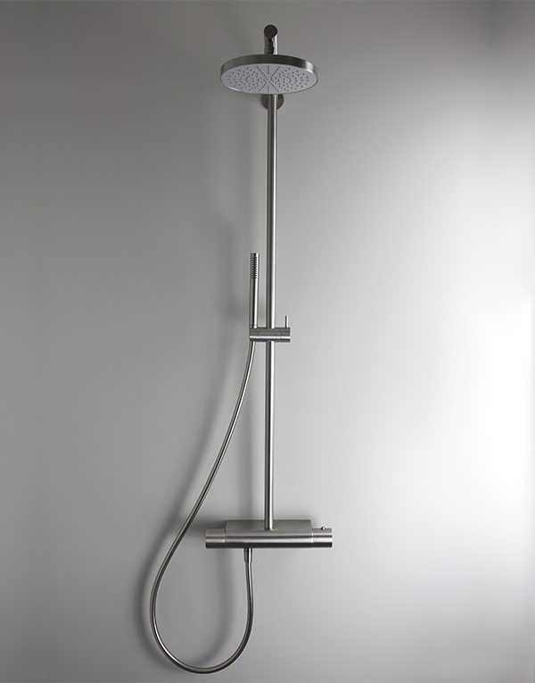 Thermostatic shower column with sliding rail stainless steel inox 304L, rotating diverter, hand shower with l. 160cm flexible tube and inspectionable shower head Ø20 x H2 cm, finish 022 - brushed