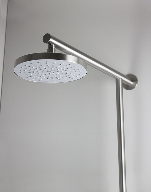 Detail of thermostatic shower column with sliding rail stainless steel inox 304L, rotating diverter, hand shower with l. 160cm flexible tube and inspectionable shower head Ø20 x H2 cm, finish 022 - brushed