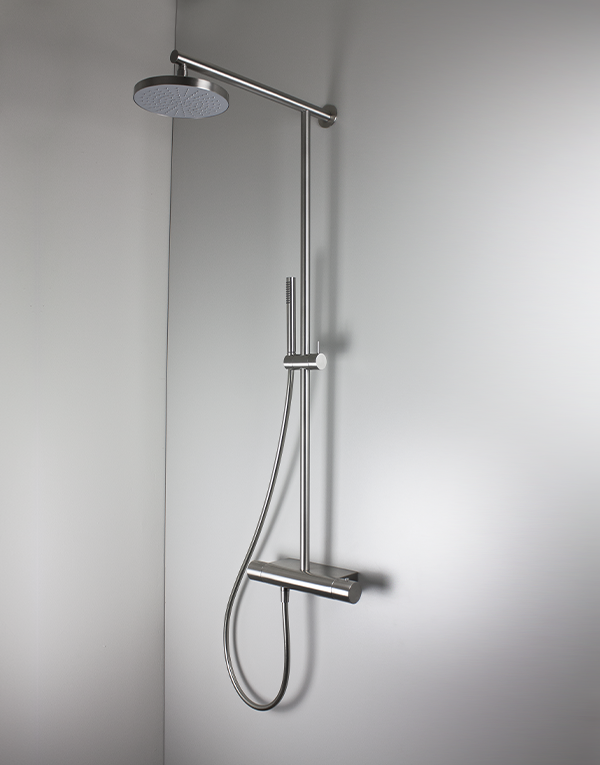 Thermostatic shower column with sliding rail stainless steel inox 304L, rotating diverter, hand shower with l. 160cm flexible tube and inspectionable shower head Ø20 x H2 cm, finish 022 - brushed