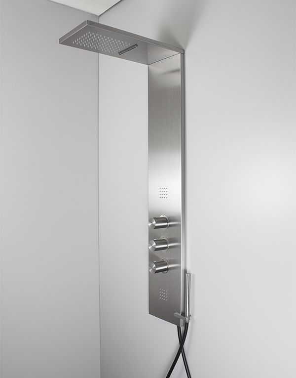 Detail of thermostatic wall-mount shower column stainless steel inox 304L, 4-way rotating diverter, anti limestone hand shower with l. 150cm flexible tube, rain shower head, waterfall and body jet, finish 022 - brushed