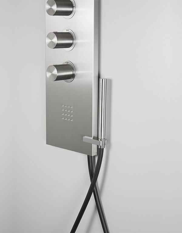 Detail of thermostatic wall-mount shower column stainless steel inox 304L, 4-way rotating diverter, anti limestone hand shower with l. 150cm flexible tube, rain shower head, waterfall and body jet, finish 022 - brushed