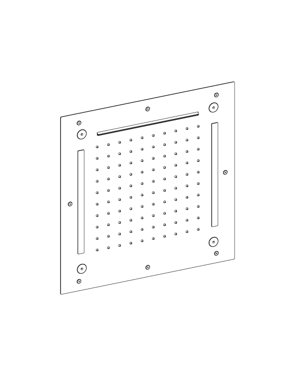Soffione incasso doccia inox 304L quadrato 430mm, getto pioggia + getto cascata + getto nebulizzato, illuminazione LED cromoterapia con pulsantiera