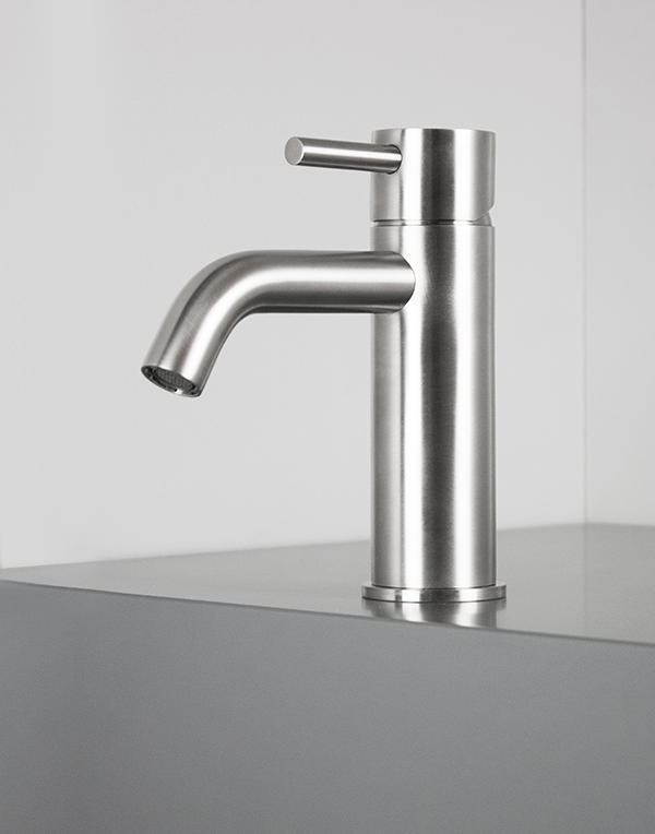 Washbasin mixer Ø45mm stainless steel inox 316L w/o waste, spout 12cm, finish 022 - brushed
