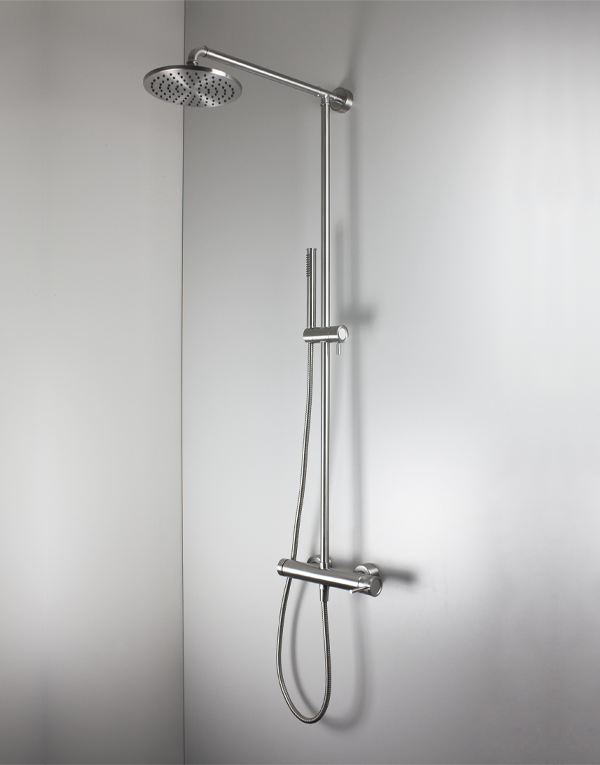 Shower column with sliding rail stainless steel inox 316L, pulling diverter with automatic return, hand shower with l. 150cm flexible tube and inspectionable shower head Ø20cm, finish 022 - brushed