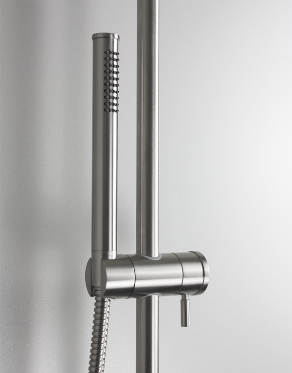 Shower column with sliding rail stainless steel inox 316L, pulling diverter with automatic return, hand shower with l. 150cm flexible tube and inspectionable shower head Ø20cm, finish 022 - brushed