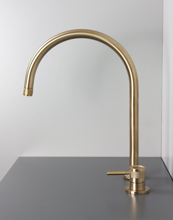 2-hole washbasin mixer Ø34mm stainless steel inox 316L w/o waste, arch spout, finish 141 - PVD High Brass