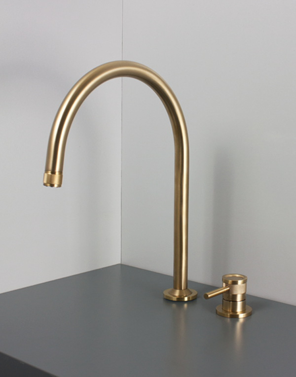2-hole washbasin mixer Ø34mm stainless steel inox 316L w/o waste, arch spout, finish 141 - PVD High Brass
