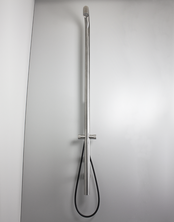 Wall-mount shower column Ø50mm stainless steel inox 316L w/ progressive mixer and 2-way rotating diverter, knurled handle and full inox hand shower with l. 160cm flexible tube, finish 022 - brushed