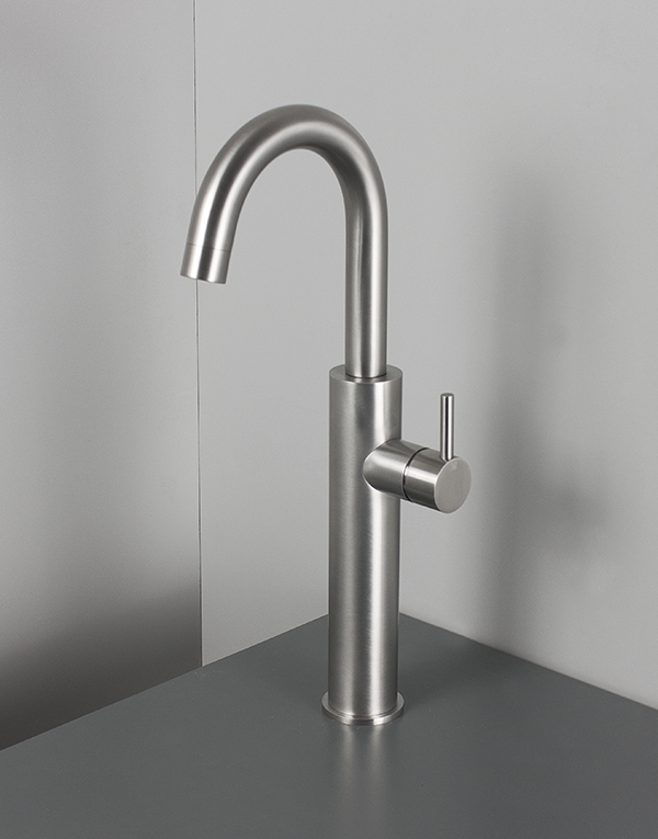High washbasin mixer Ø44mm stainless steel inox 316L w/o waste, spout l. 12cm, finish 022 - brushed