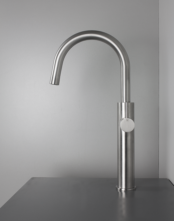 High washbasin mixer Ø44mm stainless steel inox 316L w/o waste, spout l. 18cm, finish 022 - brushed