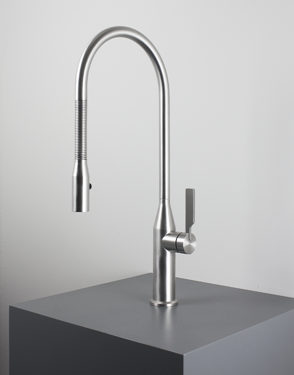 Miscelatore cucina inox 316L, canna tonda flessibile con molla, doccetta a 2 getti, finitura 022 - brushed
