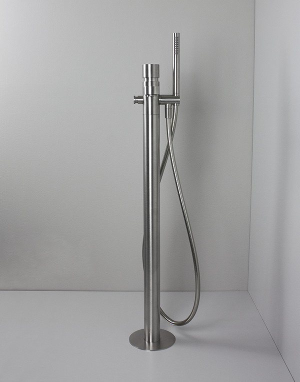 Floorstanding bathtub mixer Ø52mm stainless steel inox 316L w/ pulling diverter with automatic return, finish 022 - brushed