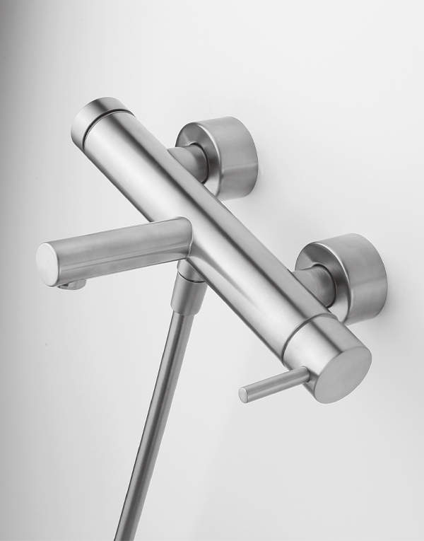 Wall-mount bathtub mixer Ø45mm stainless steel inox 316L w/ pulling diverter with automatic return, finish 022 - brushed