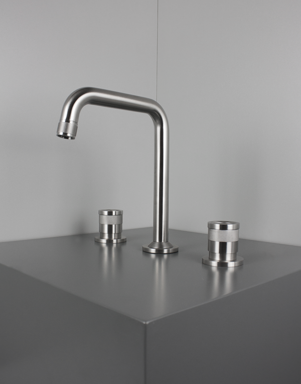 3-hole washbasin mixer Ø38mm stainless steel inox 316L w/o waste, high spout, finish 022 - brushed