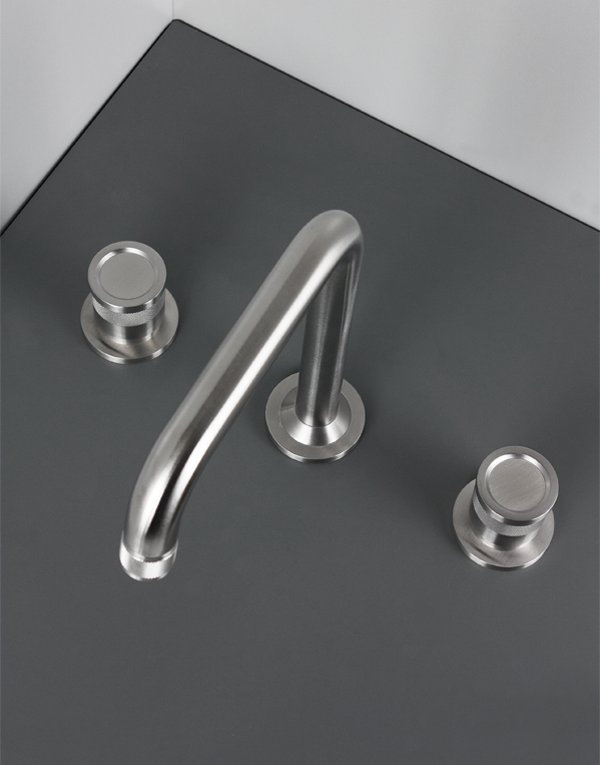 3-hole washbasin mixer Ø38mm stainless steel inox 316L w/o waste, high spout, finish 022 - brushed