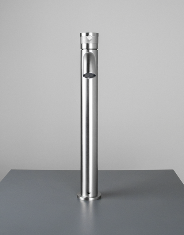 Miscelatore lavabo alto Ø34mm in acciaio inox 316L s / scarico, bocca l. 20cm, finitura 022 - brushed